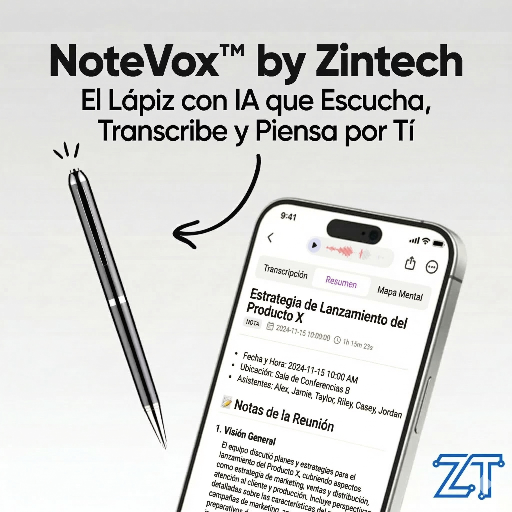 NoteVox™ by Zintech — El Lápiz con IA que Escucha, Transcribe y Piensa por Tí